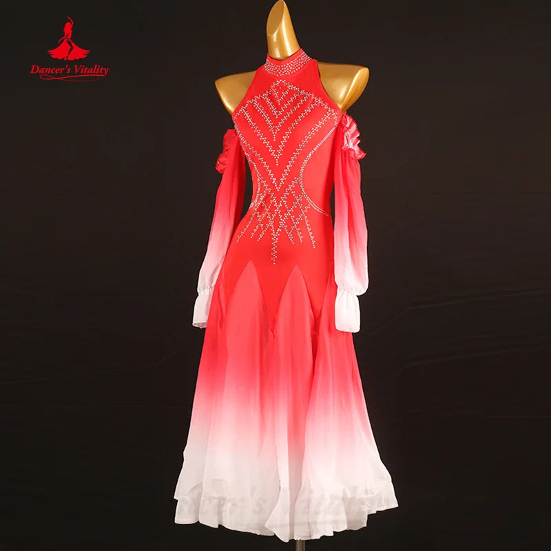 Modern Dancing Performance Costumes Customization Elegant Long Sleeved Gradient Dress Waltz Ballroom Dance Competition Dresses