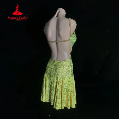 Latin Dancing Practice Clothes Customization Full Diamond Sexy Backless Fishtail Dress Women's Tango Chacha Performance Clothing