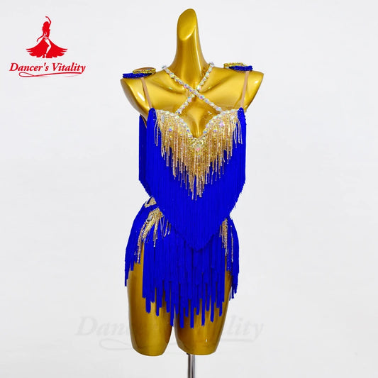 Latin Dance Performance Costumes Women's Diamond Tassels Dress Customized for Adults and Children Chacha Tango Latin Dance Dress