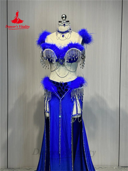 Belly Dance Costume Suit  Customized Feathers Tassels Bra+diamond Long Skirt Oriental Dance Professional High End Dance Skirt