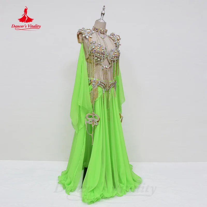 Bellydance Clothing Suit Customized Senior AB Stones Bra+Sexy Chiffon Split Long Skirt 2pcs Oriental Dance Performance Costumes