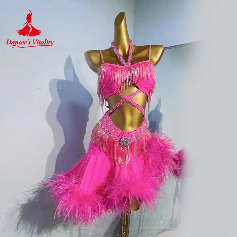 Latin Dance Performance Costumes Customization Senior Feather Rhinestone Fringe Dress Tango Chacha Samba Competition Dresses