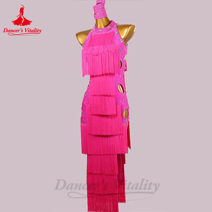 Latin Dance Fringe Dress for Women Senior Stones Tassel Skirt Rumba Chacha Tango Performance Costume Adult Child Latin Dresses