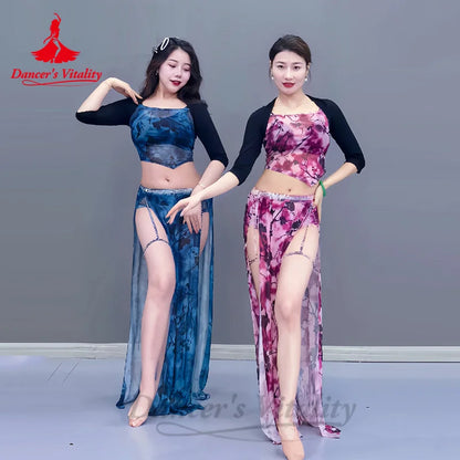 Belly Dance Costume Set for Women Modal Sleeves Top+printing Long Skirt 2pcs Oriental Belly Dancing Practice Clothes Set