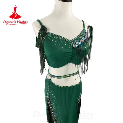 BellyDance Set Customize AB Stones Tassels Top+rhinestone Split Long Skirt 2pcs Oriental Dance Professional Performance Clothing