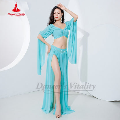 Belly Dance Costume Women Gauze Long Sleeves Top+sexy Split Long Skirt 2pcs Oriental Training Suit Girl's Belly Dancing Outfit