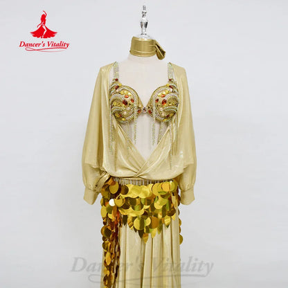 Bellydance Costume Women Customized AB Stones Bra+Elegant Robe+Sequin Hip Scarf+Headscarf 4pcs Belly Dance Performance Costumes