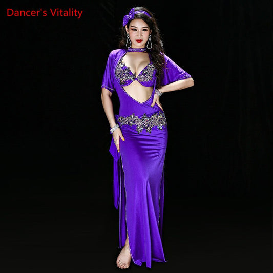 Belly Dance Performance Clothing for Women Shaabi Baladi 4pcs Bra+Robe+Headband+Belt+Underpants Belly Dancing Stage Robes