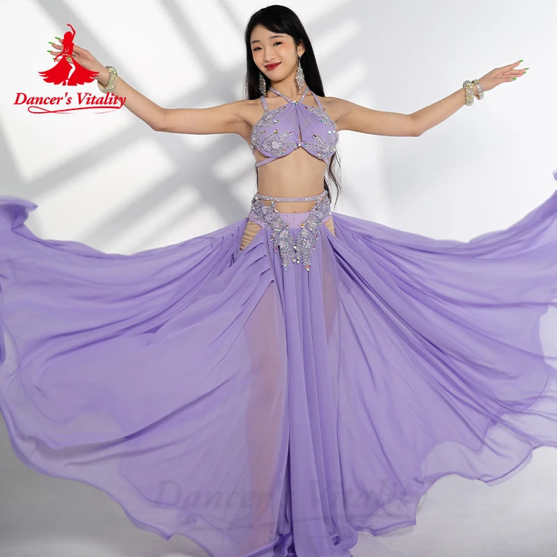 Belly Dancer Costume Set for Women Senior AB Stones Bra Top+chiffon Long Skirt 2pcs Custom Adult Child Oriental Dancing Outfit