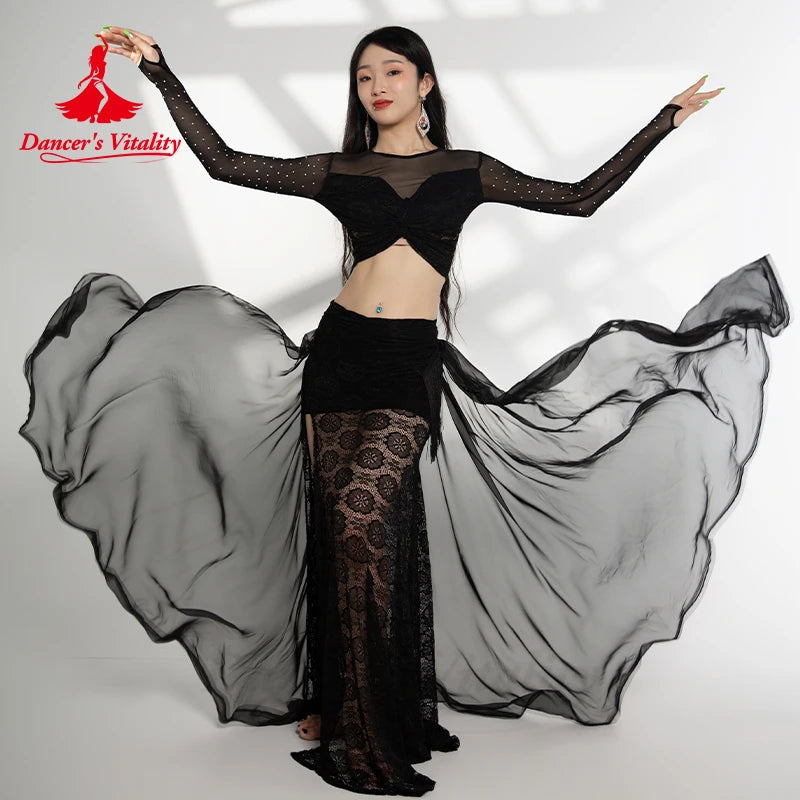 Belly Dance Performance Costume Suit Gauze Long Sleeves Top+bra+split Long Skirt 3pcs for Women Oriental Belly Dancing Set