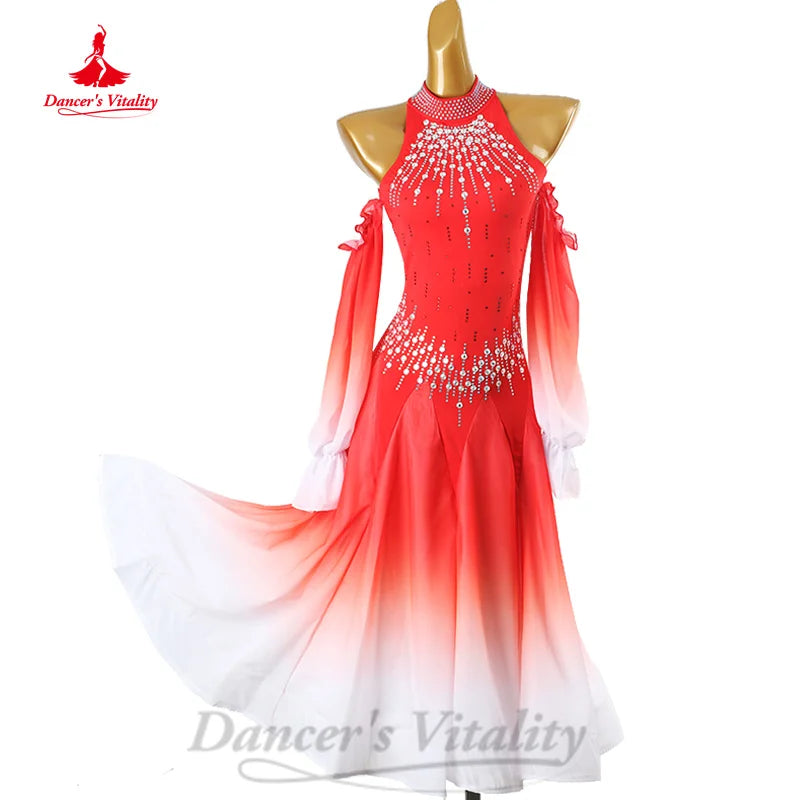 Ballroom Dance Competition Dresses Customized Elegant Long Sleeved Gradient Dress Waltz Modern Dancing Performance Clothing