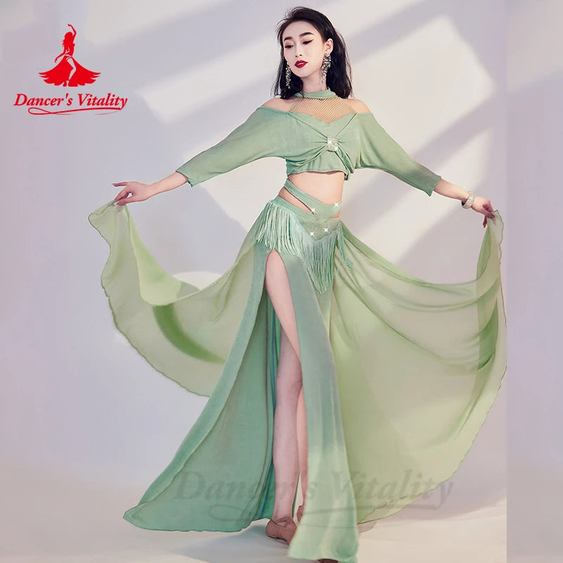 Belly Dance Costume for Women Half Sleeves Top+chiffon Long Skirt 2pcs Training Performance Set Oriental Belly Dancing Outfit