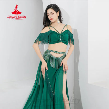 Bellydance Practice Clothes Customized V-neck Sleeveless Top+AB Stones Tassel Long Skirt 2pcs Belly Dance Performance Costumes