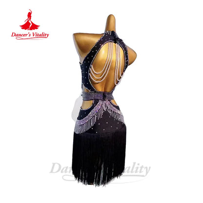 Latin Dance Performance Fringe Dress for Women AB Stones Rumba Chacha Tango Competiton Costume Custom Adult Child Latin Skirt