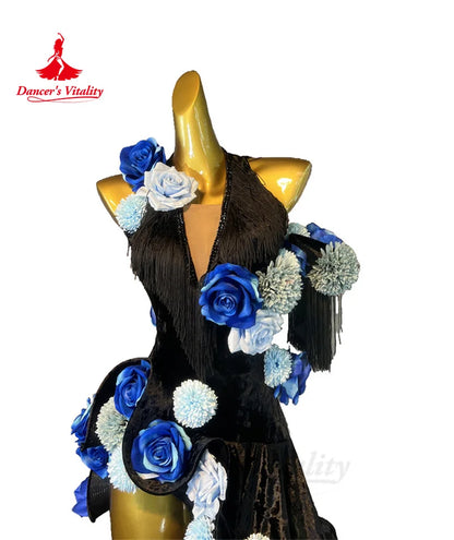 Latin Dance Performance Drss for Women Customsized Rumba Chacha Tango Velvet Flowers Professional Clothing Child Latin Dresses