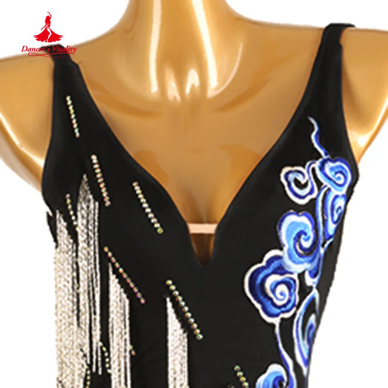 Latin Dance Performance Costumes Women Customization Senior AB Stones Embroidery Tassels Dress Tango Chacha Competition Dresses