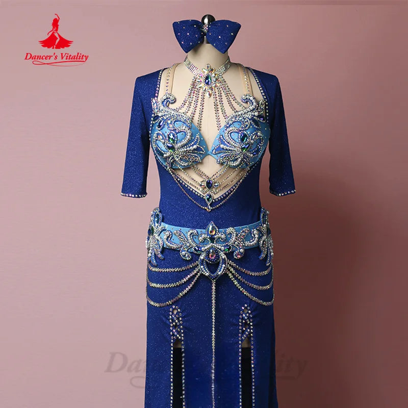 Belly Dance Performance Costumes Robe for Women Customized Spandex Robe+diamond Bra++headscarf+belt 4pcs Oriental Dancing Outfit