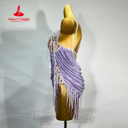 Latin Dance Professional Performance Clothing Customized High End Luxury Full Diamond Tassel Dress Women's Competition Clothing