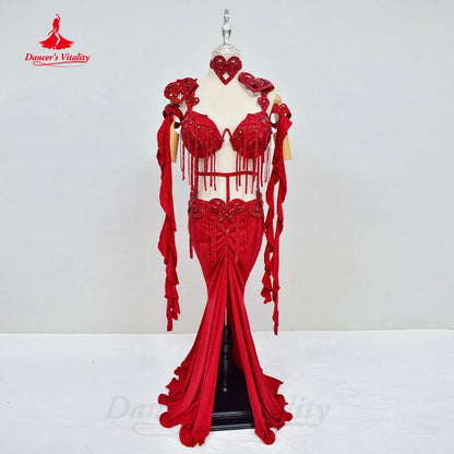 BellyDance Costume Women's Customization AB Stones Tassels Bra+sexy Split Long Skirt 2pcs Oriental Dance Performance Costumes