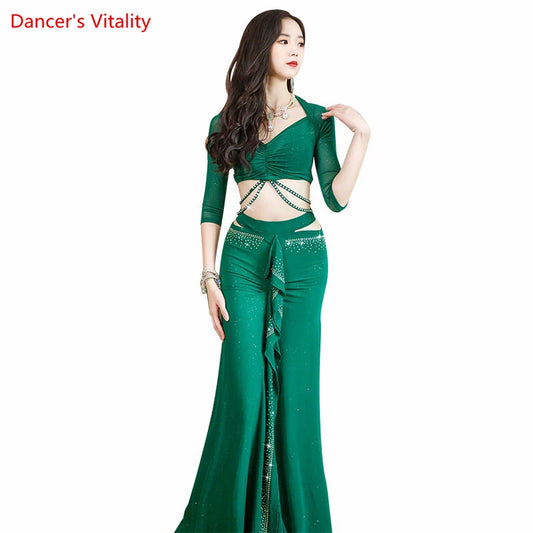 Belly Dance Performance Clothing Suit for Women Bellydance Half Sleeves Top+mesh Long Skirt 2pcs Oriental  Professional Set Wear