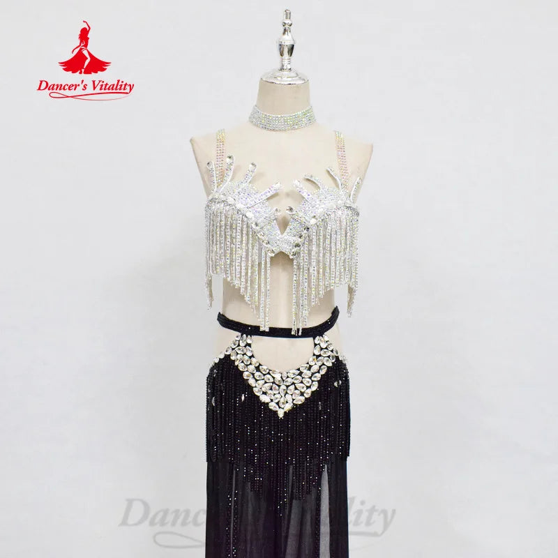 Belly Dancing Set Customized Luxury Rhinestone Tassel Bra+Sexy Split Split Long Skirt 2pcs Oriental Dance Performance Clothing