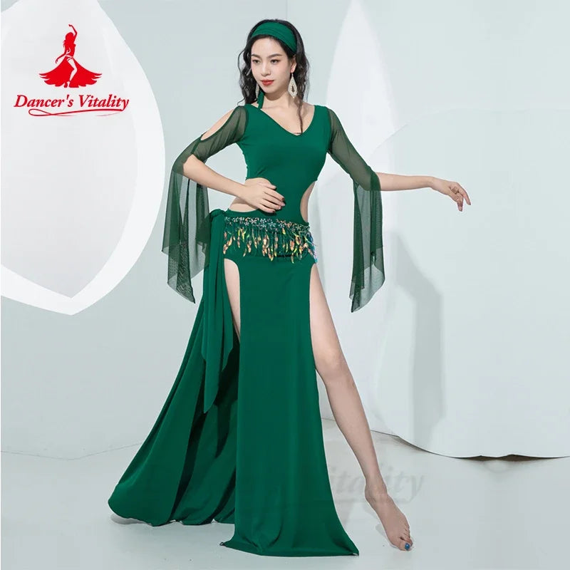 Belly Dance Practice Suit for Women Sexy Hollow Out Sequin Hip Scarf Oriental Folk Baladi Saidi Robe Adult Belly Dancing Dresses