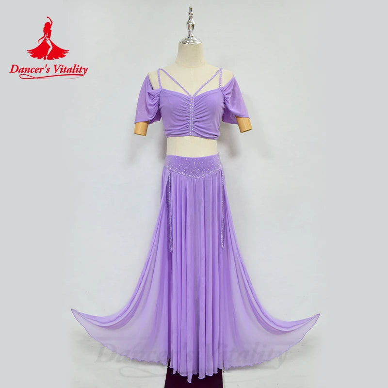 Belly Dance Professional Suit for Women Mesh Short Sleeves Top+sexy Split Long Skirt 2pcs Girl's Oriental Belly Dancing Suit