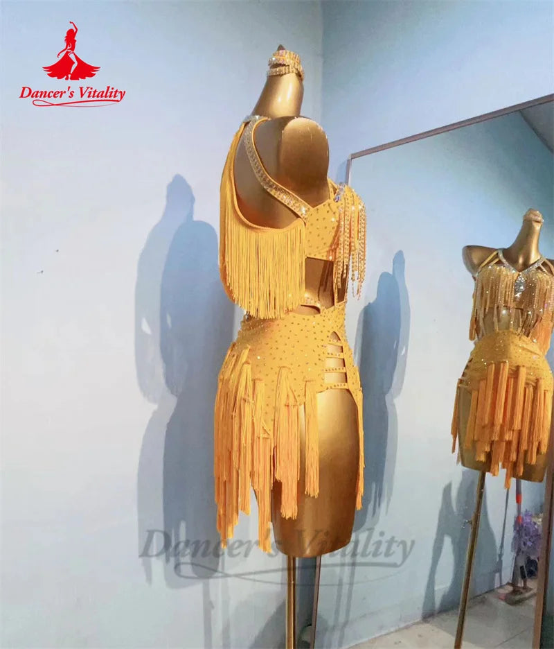 Latin Dance Tassel Dresses for Women B Stones Rumba Chacha Tango Performance Competiton Clothes Adult Child Latin Fringe Dresses