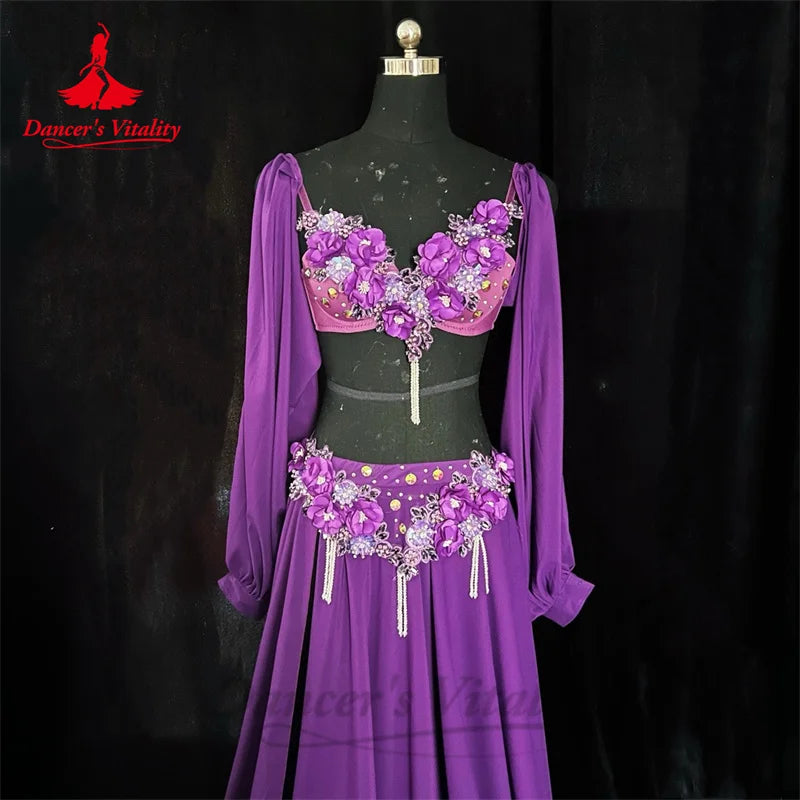 Belly Dance Performance Costume Set for Women Customsized Long Sleeves Bra+satin Long Skirt 2pcs Adult Children Bellydance Suit