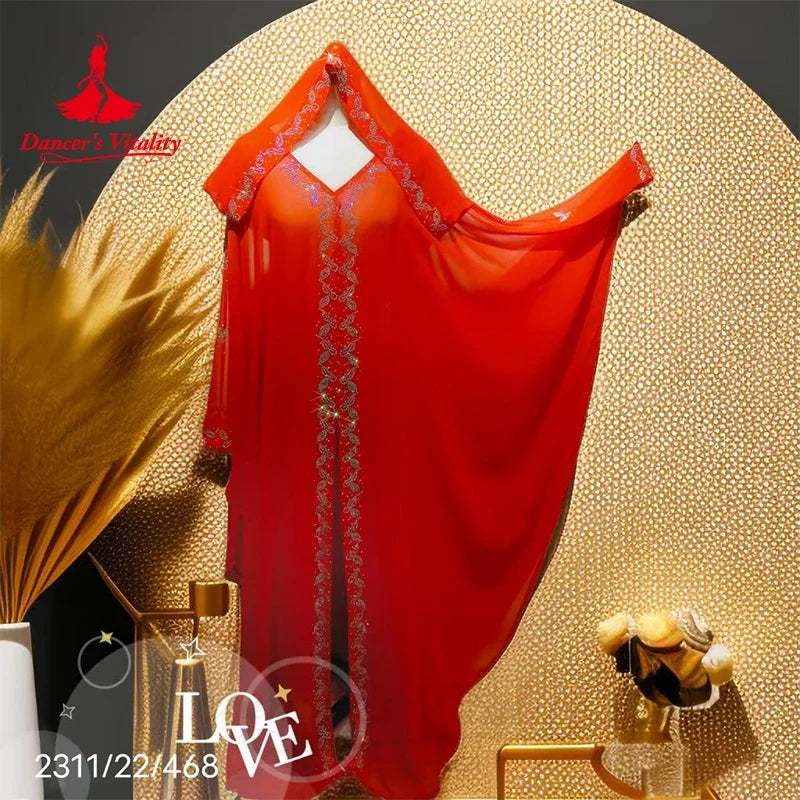 Belly Dance Performance Costume Robe for Women Chiffon Long Sleeves Stones Competiton Clothing Adult Children Oriental Robes