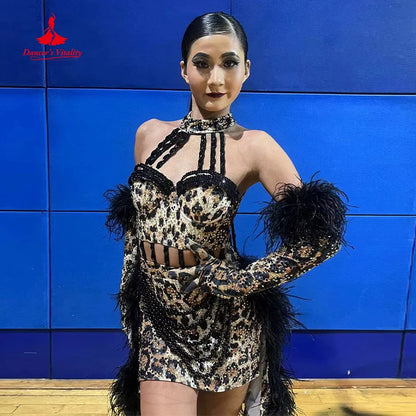 Latin Dance Performance costumes Customization Sexy Backless Leopard Print Dress Women's Chacha Tango Rumba Competition Dresses