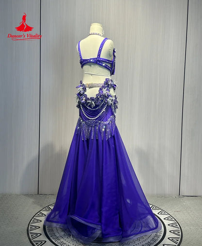 Belly Dance Costume Suit Customized Rhinestone Tassels Bra+flowers Long Skirt Oriental Dance Professional High End Dance Skirt