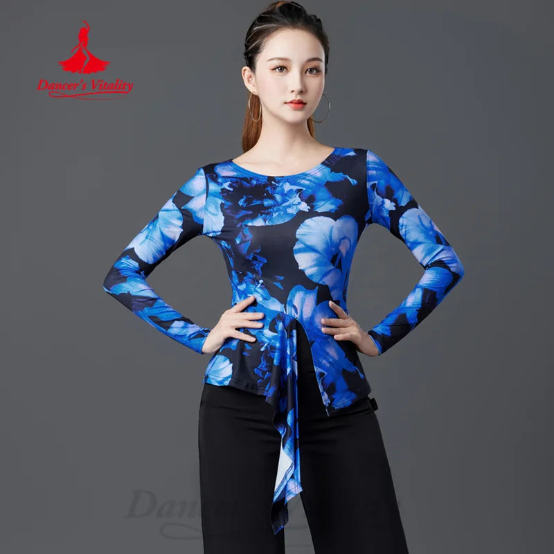 Latin Dance Modern Dancing Practice Clothes Women's Customized High Grade Printed Long Sleeved Top Tango Samba Training Clothing