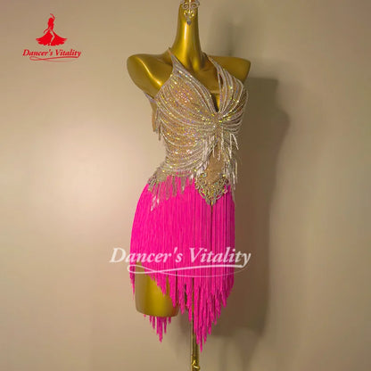 Latin Dance Competition Costumes for Adults and Children Customized High-end Luxury AB Stones Fringe Dresses Dancer's Vitality