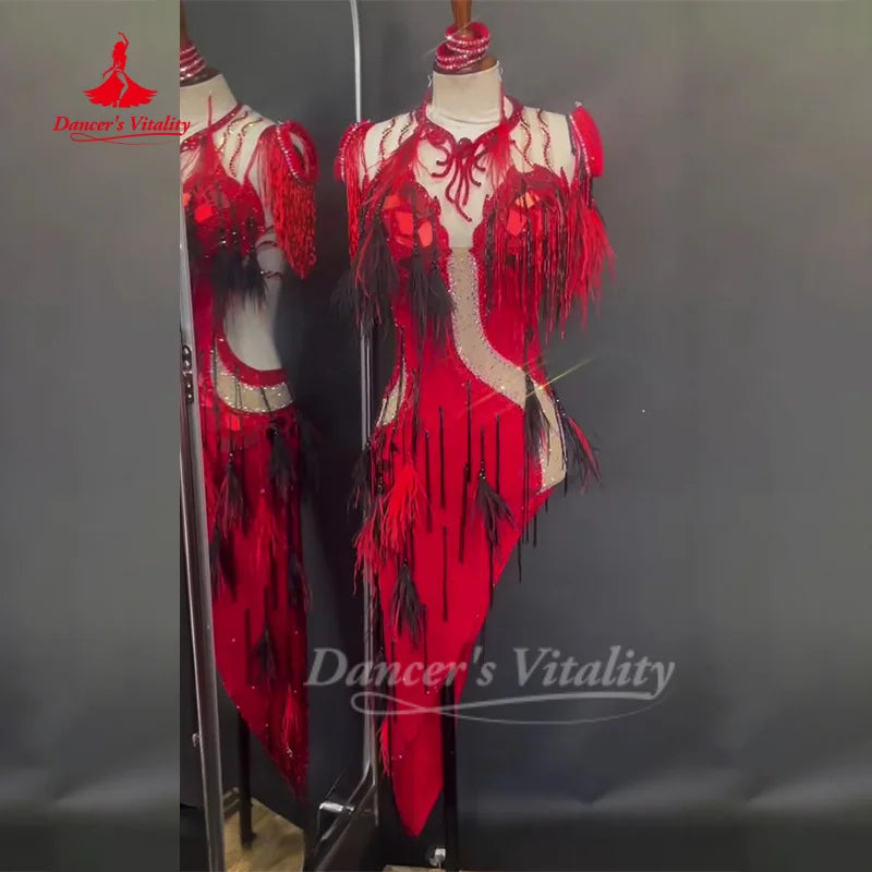 Belly Dance Clothing Women's Customization Advanced Luxury AB Stones Fringe Set Drum Solo Competition Outfit Dance's Vitality