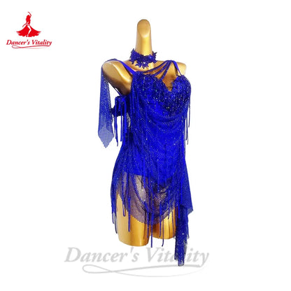 Latin Dance Dress for Women Senior Mesh Stones Ruma Chacha Tango Performane Profession Clothing Adult Child Latin Dancing Skirt