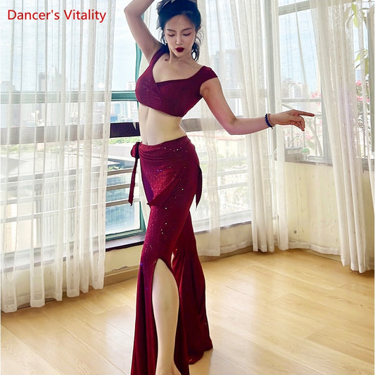 BellyBelly Dance Practice Clothes Set for Women Belly Dancing Short Sleeves Top+split Trousers 2pcs Female Oriental Dance Outfit