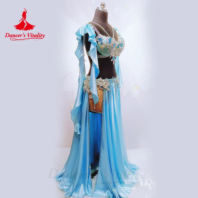 Belly Dance Perpormance Costume Suit for Women Senior AB Stones Bra+satin Split Long Skirt 2pcs Oriental Belly Dancing Outfit