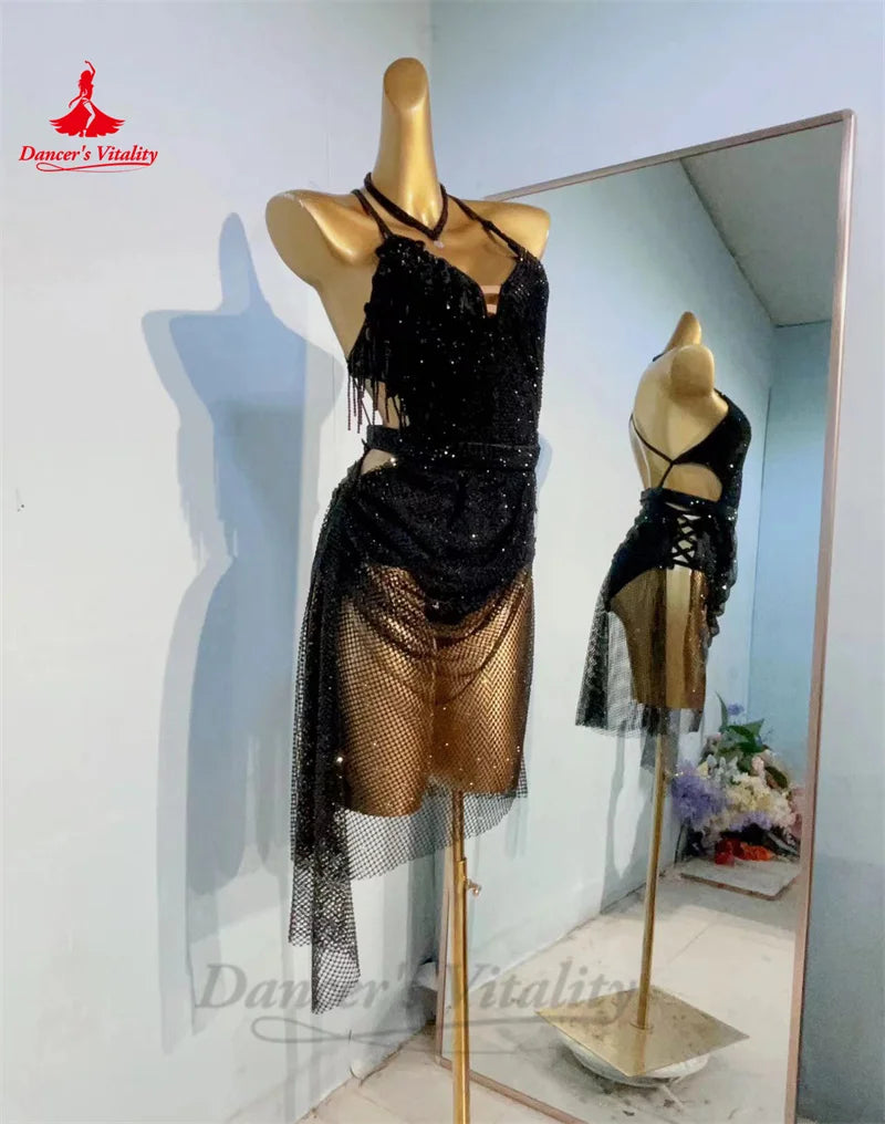 Latin Dance Fringe Dress for Women Mesh with Stones Chacha Tango Performance Competiton Skirt Custom Adult Child Latin Skirts