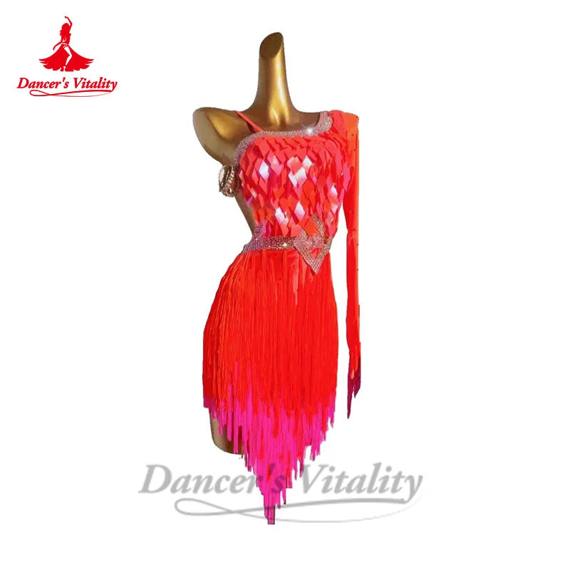 Latin Dance Performance Dress for Women Sequins Bra Top+tassel Skirt 2pcs Chacha Tango Skirt Custom Adult Child Latin Dresses