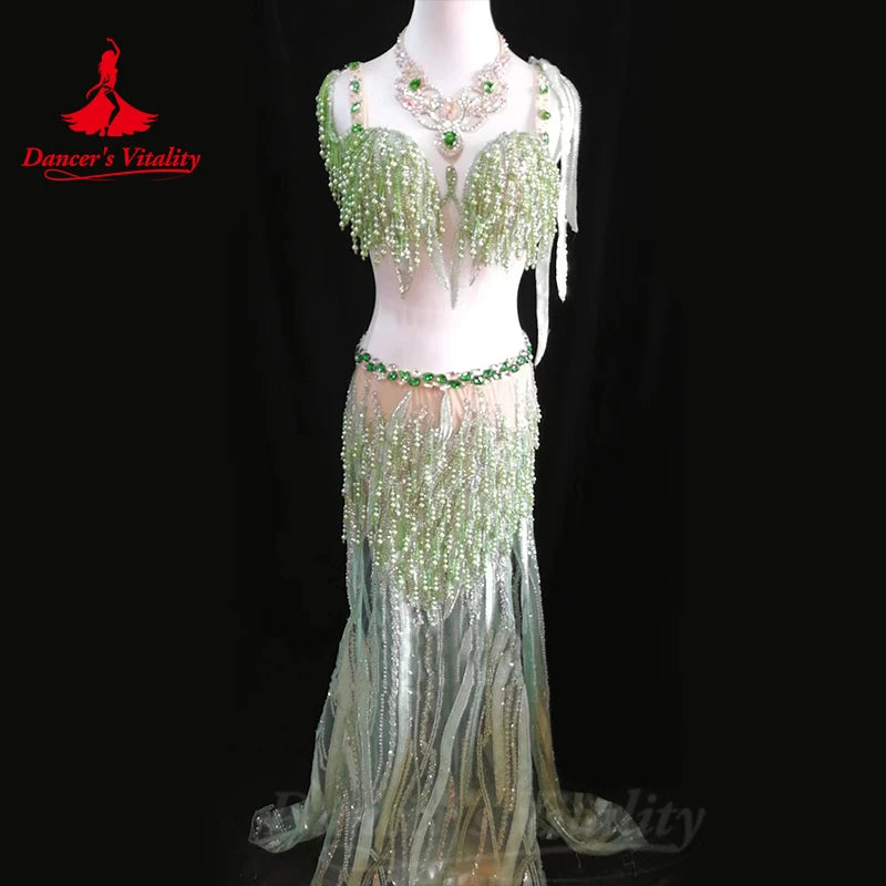 Bellydance Costumes Women's  Sets Diamonds Bra+sexy Pearl Tassels Long Skirt Oriental Dance Professional Performance Clothing