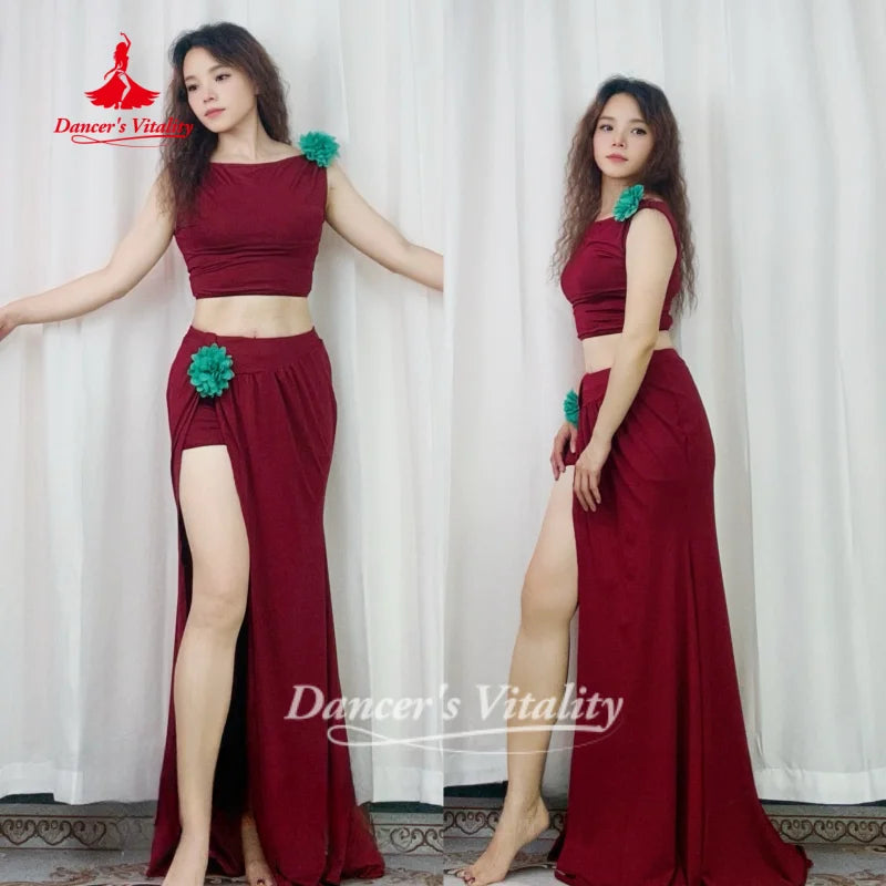 Belly Dance Practice Clothes Sleeveless Top+Long Skirt 2pcs Adult Female Oriental Dance Training Clothing Dancer's Vitality