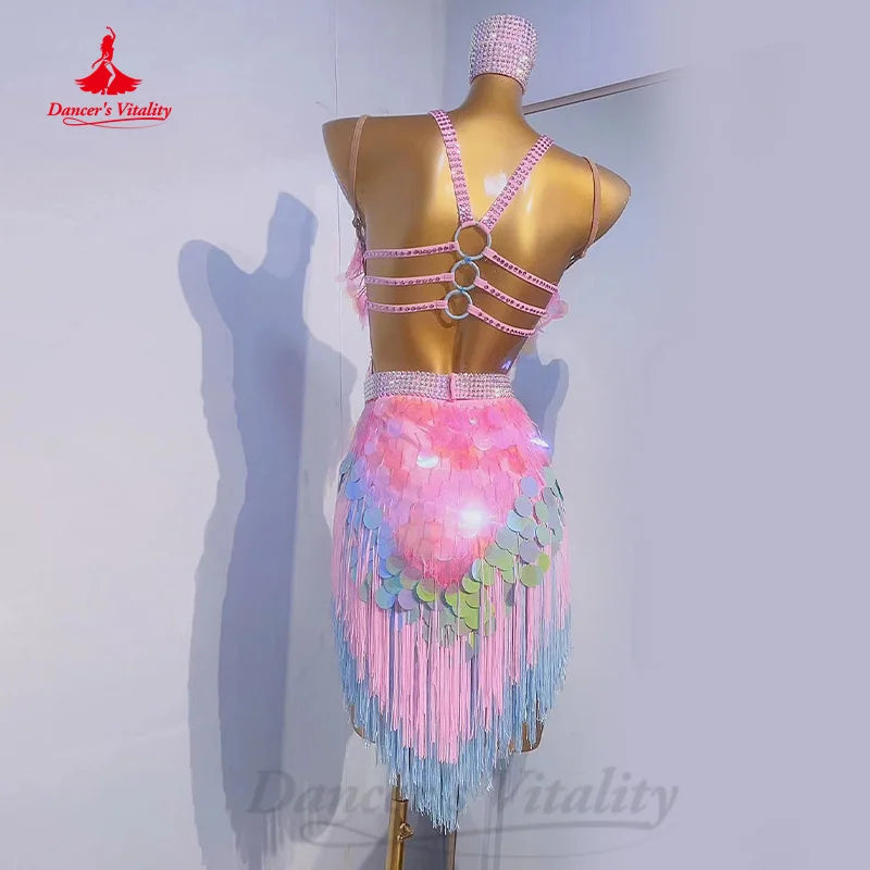 Latin Dance Performance Costumes Customized Sexy Backless Large Sequin Tassel Dress Women Tango Chacha Samba Competition Dresses