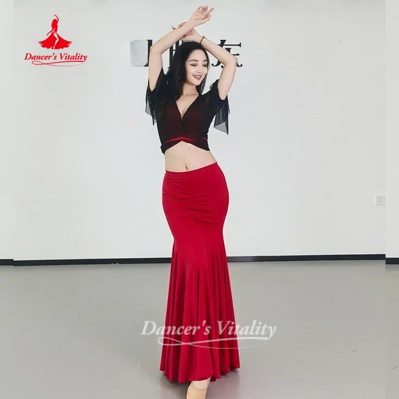 Belly Dance Costume Women's Sexy V-neck Black Top+Red Fishtail Long Skirt 2pcs Oriental Dance Practice Clothes Dancer's Vitality