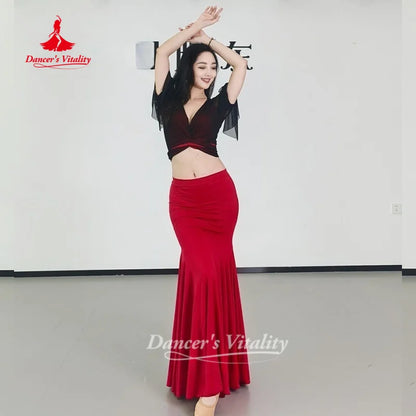 Belly Dance Costume Women's Sexy V-neck Black Top+Red Fishtail Long Skirt 2pcs Oriental Dance Practice Clothes Dancer's Vitality