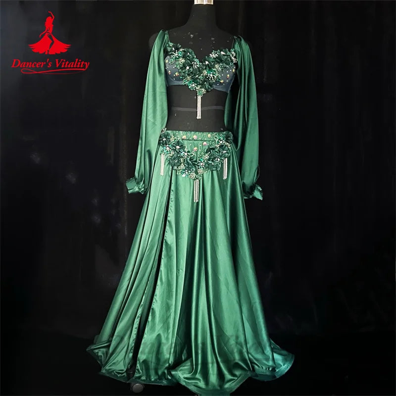 Belly Dance Performance Costume Set for Women Customsized Long Sleeves Bra+satin Long Skirt 2pcs Adult Children Bellydance Suit