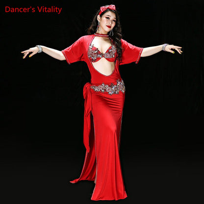 Belly Dance Performance Clothing for Women Shaabi Baladi 4pcs Bra+Robe+Headband+Belt+Underpants Belly Dancing Stage Robes