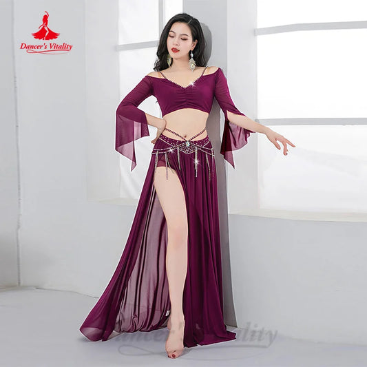 BellyDance Costume Suit Customized Trumpet Sleeve Top+Chiffon Split Long Skirt 2pcs Women's Oriental Dance Performance Clothing