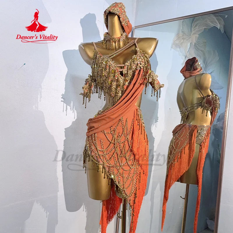 Latin Dance Performance Dresses Adult and Child Customized Senior AB Stones Tassel Dress Tango ChaCha Samba Competition Clothing
