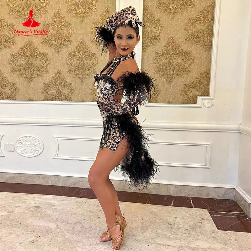 Latin Dance Performance costumes Customization Sexy Backless Leopard Print Dress Women's Chacha Tango Rumba Competition Dresses